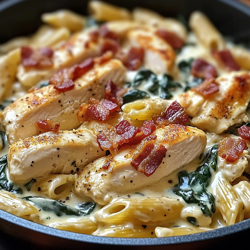 Creamy Chicken Pasta with Spinach, Bacon, and Cheese