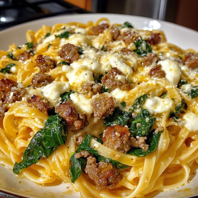 Garlic Butter Cheesy Linguine with Beef, Sausage and Spinach