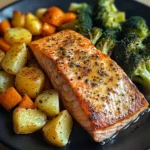 Garlic Butter Salmon with Roasted Potatoes, Glazed Carrots & Steamed Broccoli