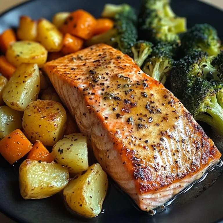 Garlic Butter Salmon with Roasted Potatoes, Glazed Carrots & Steamed Broccoli