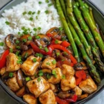 Garlic Chicken & Mushroom Stir-Fry with Asparagus & Rice