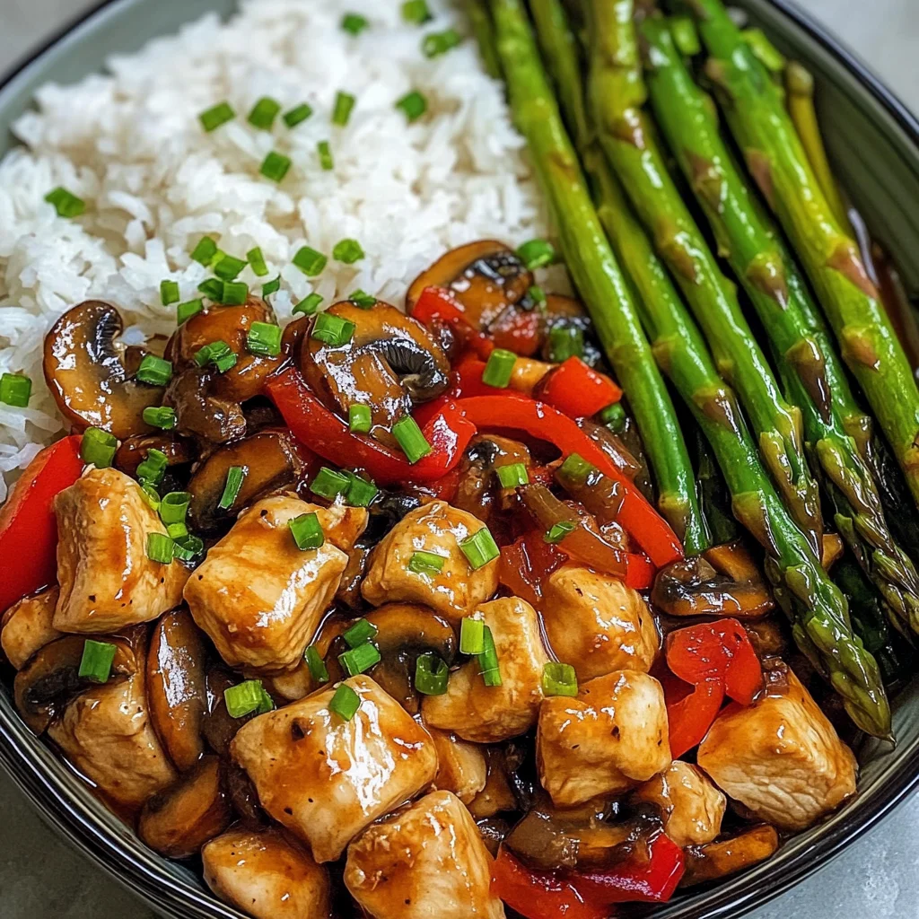 Garlic Chicken & Mushroom Stir-Fry with Asparagus & Rice