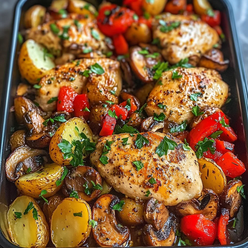 Garlic Herb Chicken with Mushrooms & Roasted Potatoes