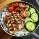 Grilled Chicken Rice Bowl with Avocado, Cucumber & Cherry Tomatoes