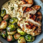 Grilled Chicken & Brussels Sprouts Bowl with Creamy Garlic-Parmesan Sauce