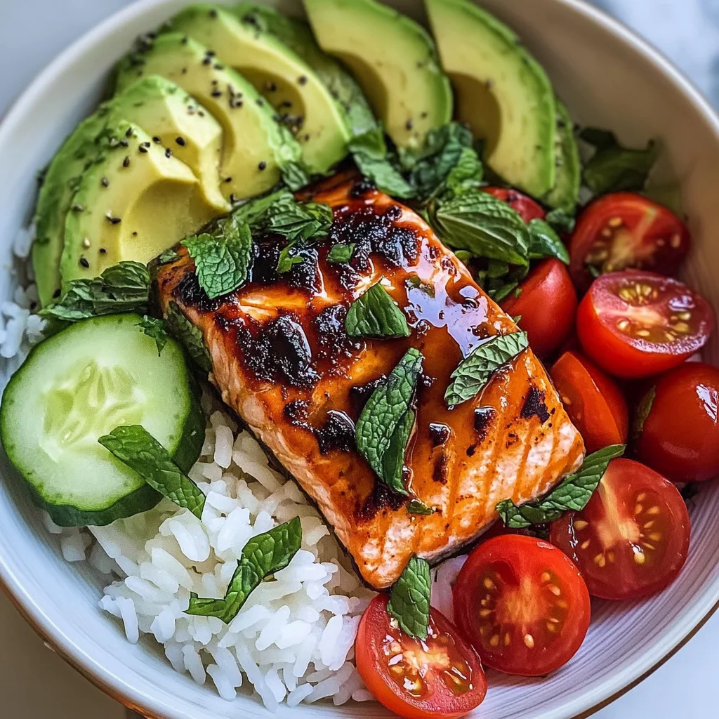 Honey-Glazed Salmon Bowl with Rice, Avocado, Cucumber & Tomato Herb Salad