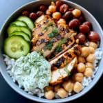 Mediterranean Grilled Chicken Bowl with Rice, Chickpeas & Tzatziki