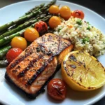 Seared Salmon with Asparagus, Cherry Tomatoes & Cauliflower Rice