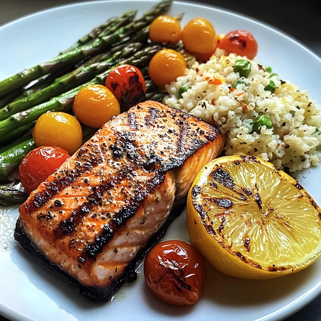 Seared Salmon with Asparagus, Cherry Tomatoes & Cauliflower Rice