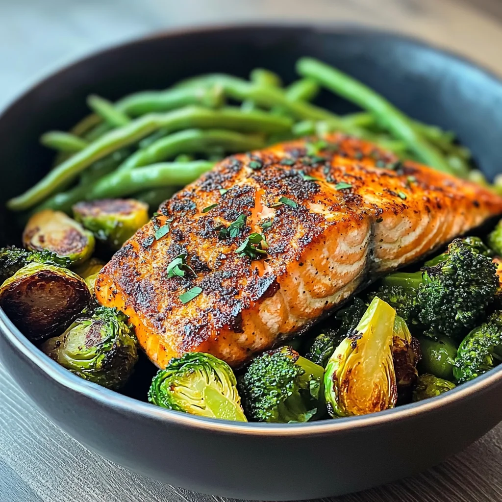 Spiced Salmon Bowl with Roasted Brussels, Sautéed Greens & Steamed Broccoli