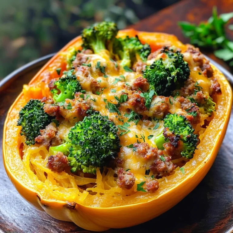 Stuffed Spaghetti Squash with Broccoli, Sausage, and Cheddar Cheese