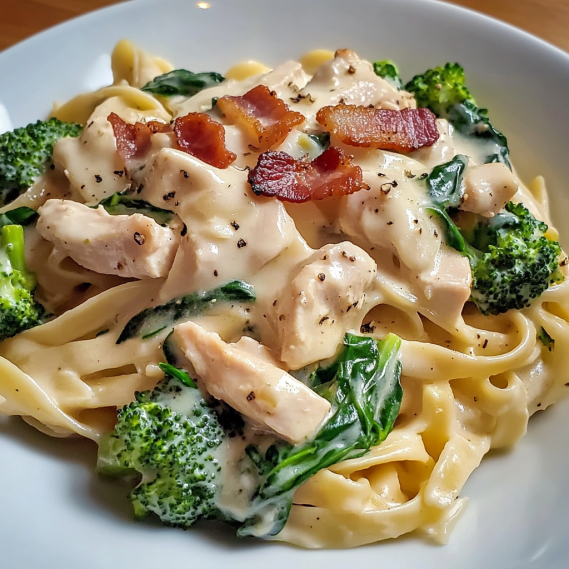 Creamy Chicken Turkey Bacon Fettuccine Alfredo with Spinach & Broccoli