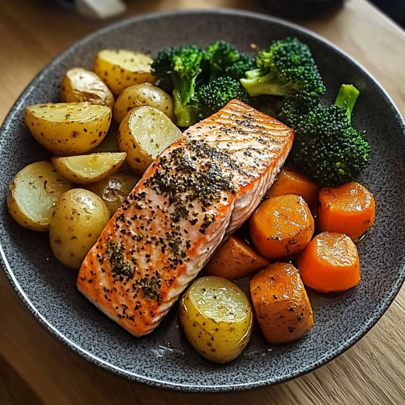 Garlic-Herb Salmon with Roasted Potatoes, Glazed Carrots & Broccoli