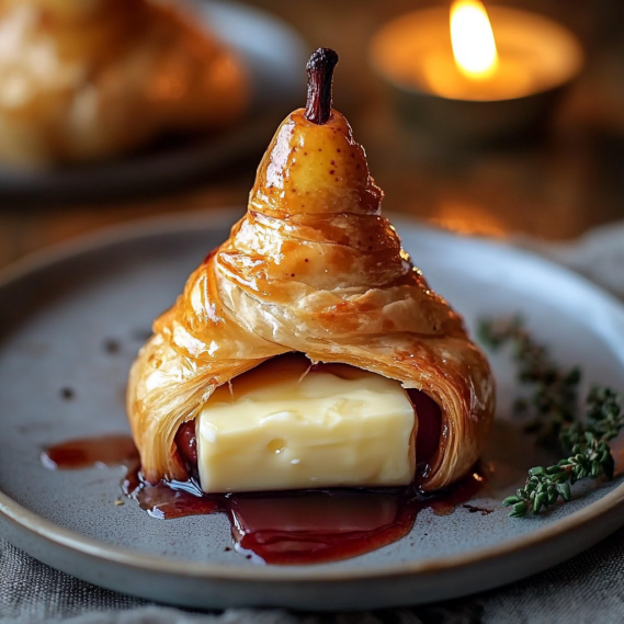 Poached Pear Wrapped in Brie, Baked in Puff Pastry