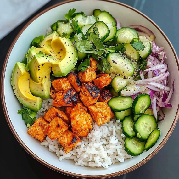 Spicy Chicken Rice Bowl with Avocado & Cucumber Salad