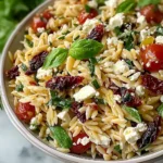 Homemade Orzo Pasta Salad with Feta and Sun Dried Tomatoes - flirtyfood