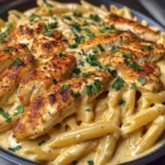 Garlic Parmesan Chicken Penne in Creamy Cajun Three-Cheese Sauce