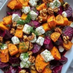Roasted Beet and Sweet Potato Salad with Feta, Yogurt Dressing & Toasted Walnuts