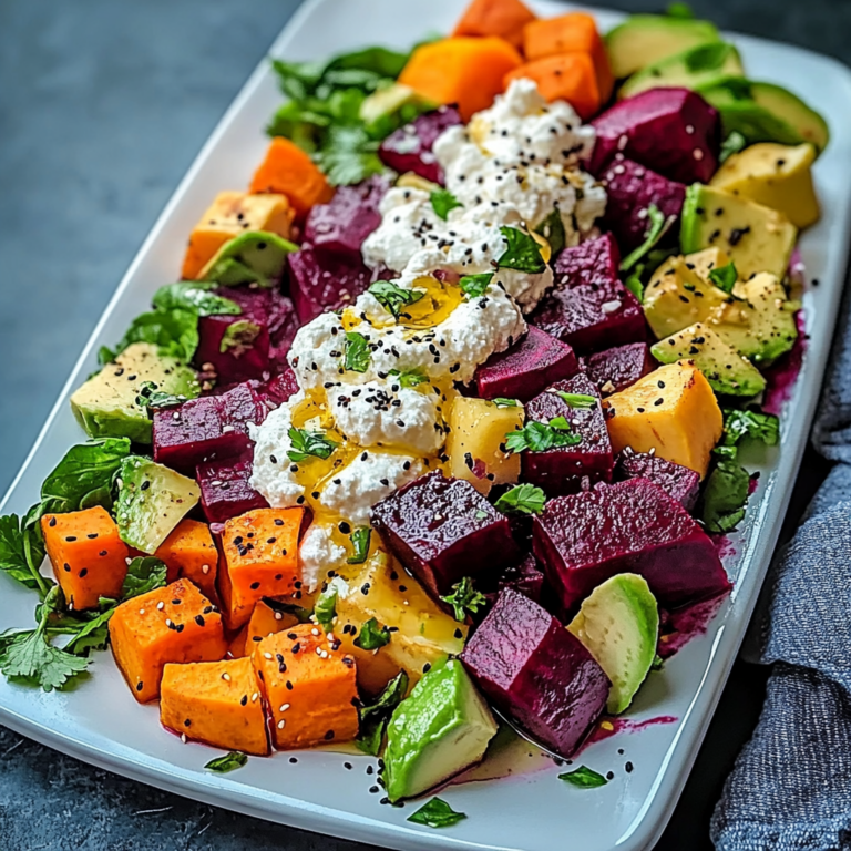 Roasted Beet, Sweet Potato & Avocado Salad with Whipped Ricotta & Lemon-Tahini Drizzle