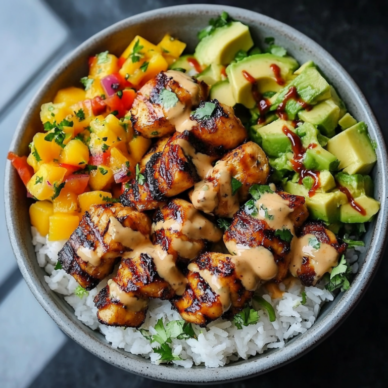 Grilled Maple Sriracha Chicken Bites with Coconut Rice & Mango Avocado Salsa Bowl with Chili Mayo