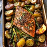 Lemon Brown Butter Salmon and Potatoes with Parmesan Asparagus