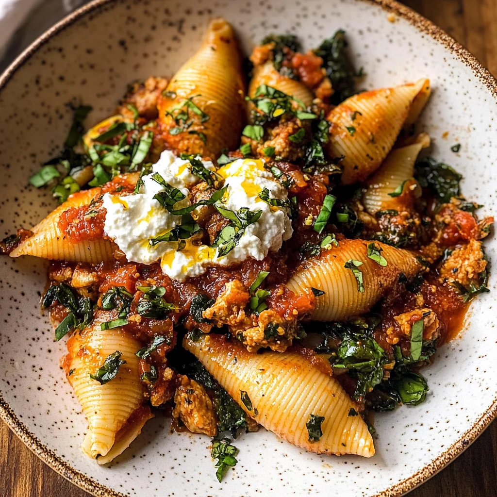 Unstuffed Spicy Tomato Basil Shells with Whipped Ricotta.